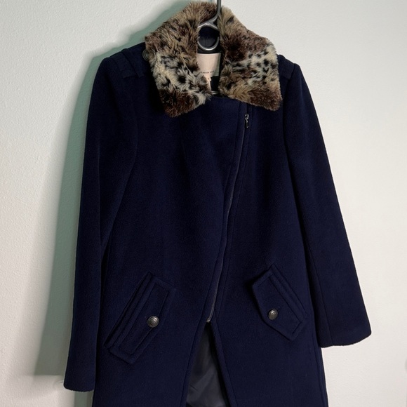 Rebecca Taylor Navy Wool Coat w/ Faux Fur Leopard Collar | Size - Picture 5 of 10